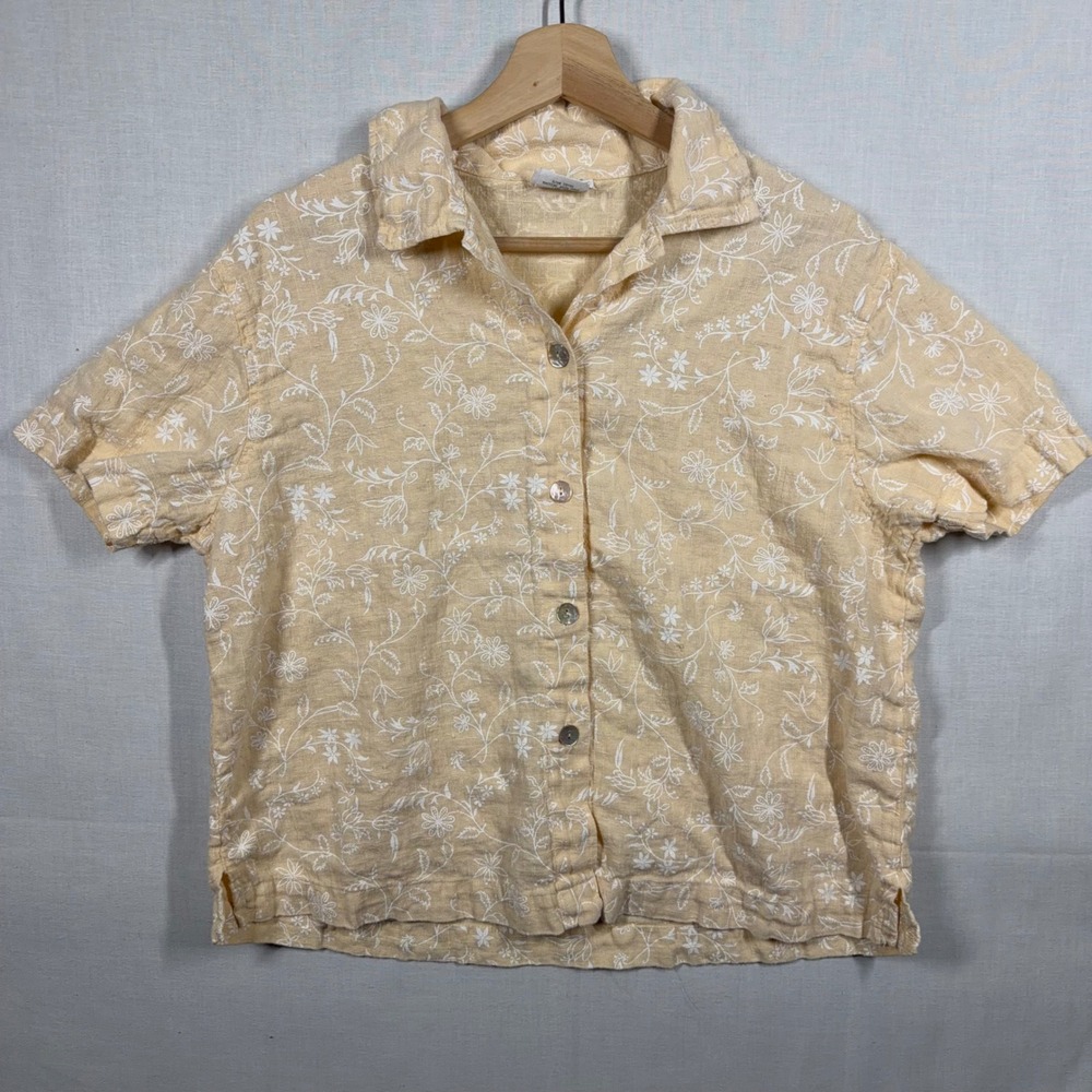 Vintage 90s Clio Shirt Womens Small Linen Floral Texture Made in USA Cottagecore